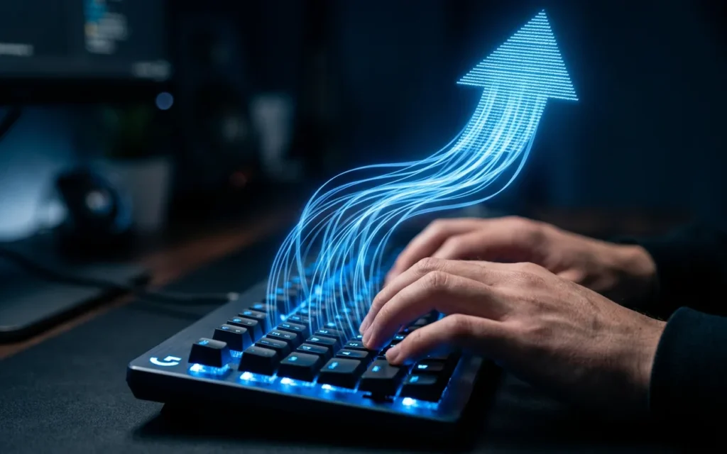 Hands typing on a backlit keyboard as glowing blue lines rise into an upward arrow