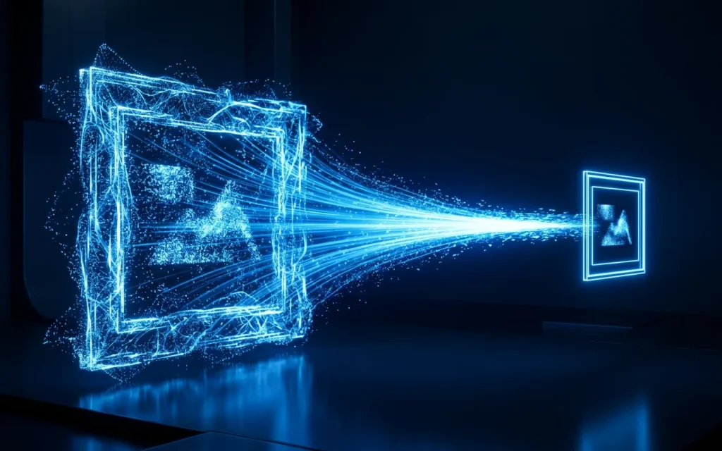 Large glowing photo frame compressing into a smaller lightweight image through a blue beam