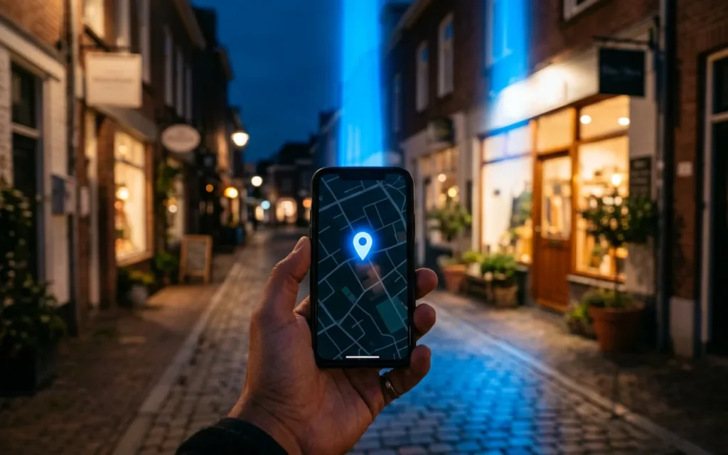 Smartphone map with a glowing location pin on a street of local shops at dusk
