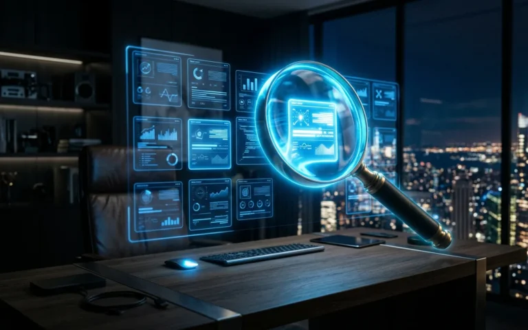Glowing blue magnifying glass highlighting the most relevant search result on a holographic screen