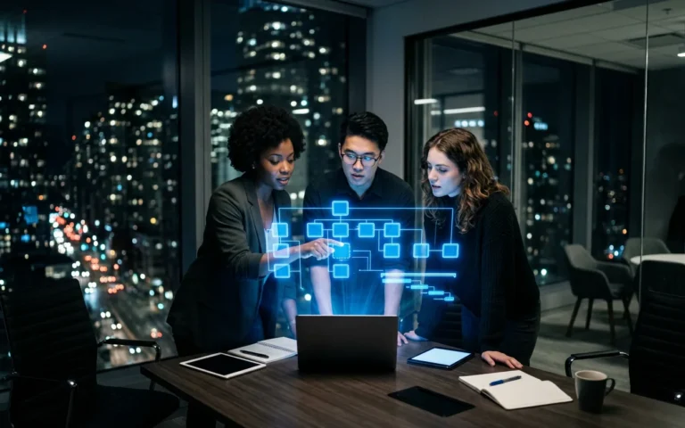 Team planning a website around a holographic sitemap in a dark office at night
