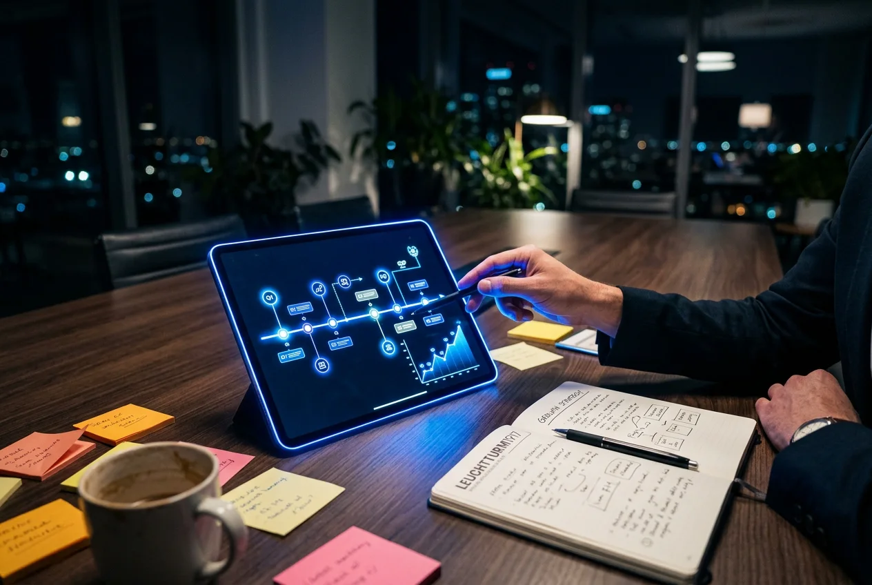 Marketing strategy roadmap on a tablet during a consulting session