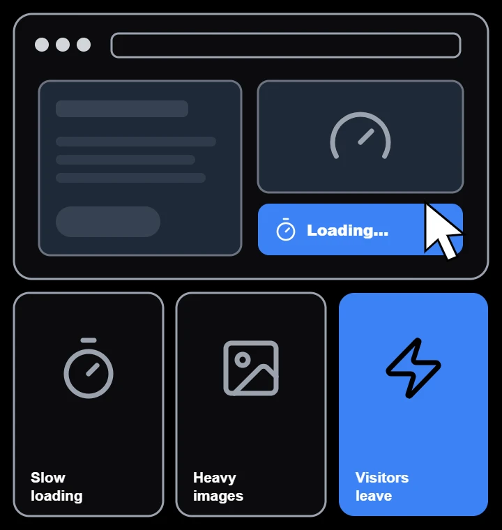 Illustration of slow loading, heavy images, visitors leave