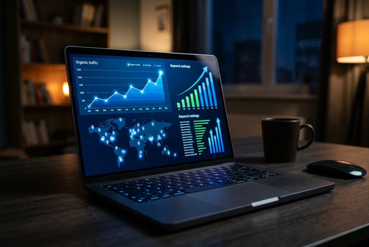 SEO dashboard showing rising rankings and organic traffic