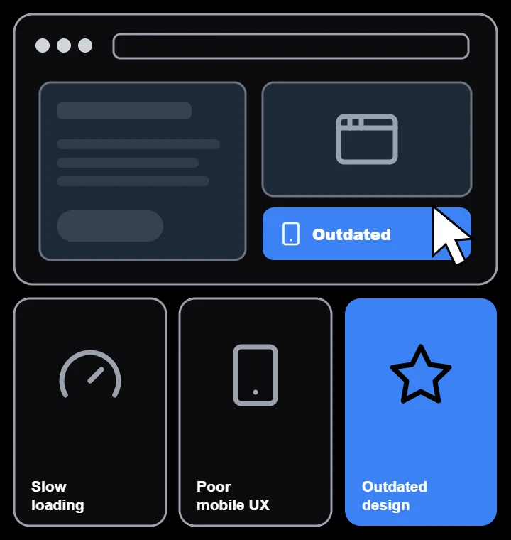 Illustration of slow loading, poor mobile ux, outdated design