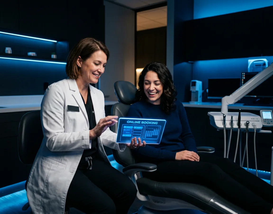 Dentist showing a smiling patient an online booking screen on a glowing tablet in a dark modern clinic